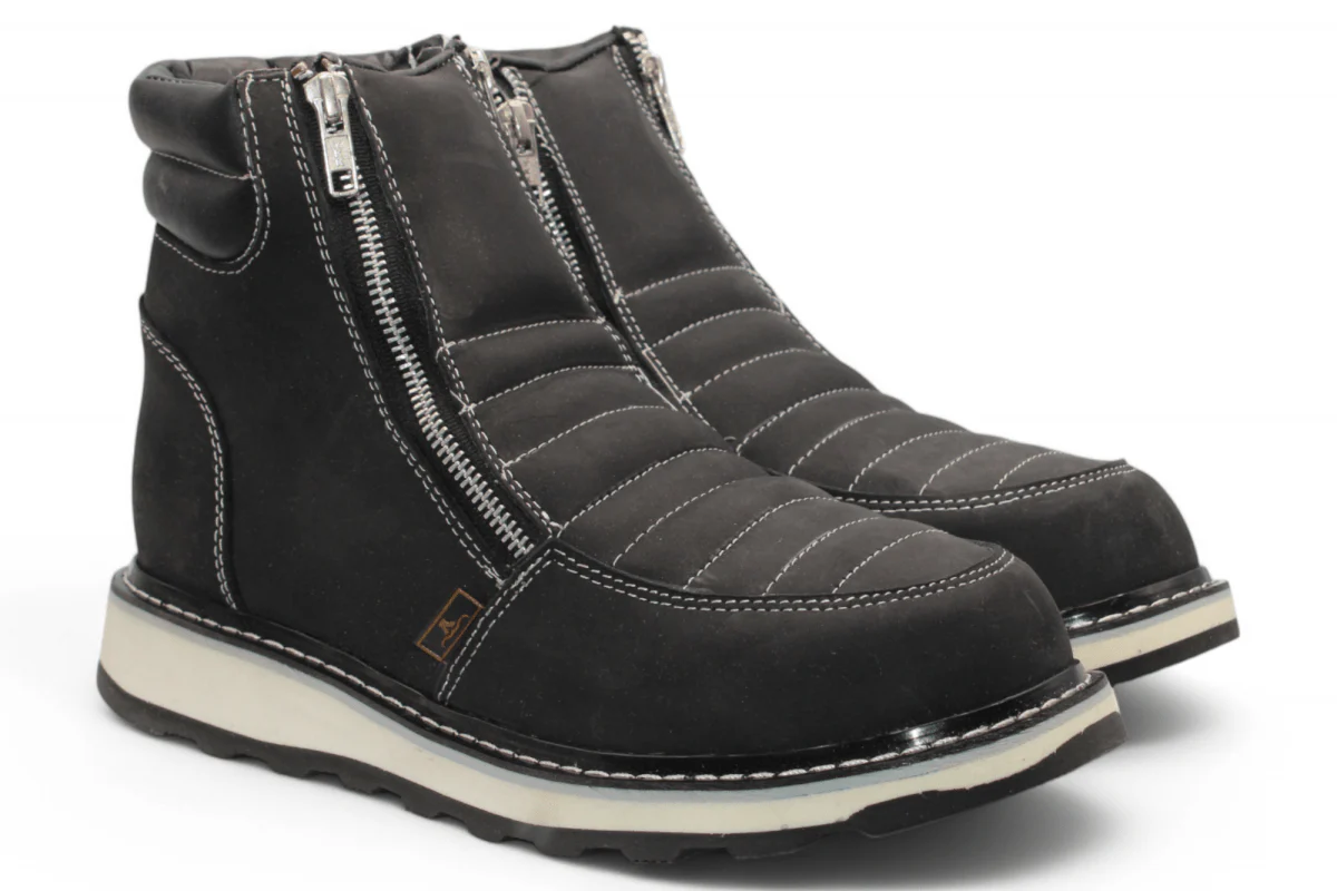 Zapato de Trabajo para Hombre de Piel Crazy con Doble Cierre Color Negro Punta Redonda – Hooch Boots H40605