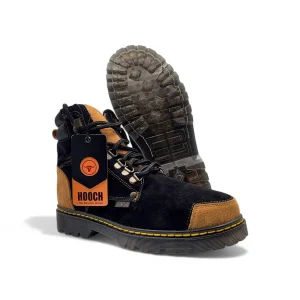 Zapato de Trabajo para Hombre de Piel Nobuck con Punta Redonda y Suela Transparente de Hule Color Negro y Honey – Hooch Boots H70151